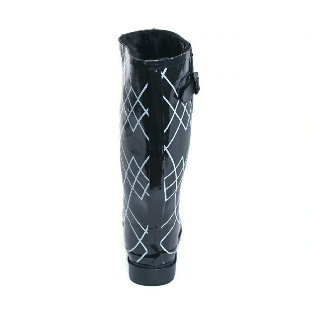 Women's Rainboots, Tall Faux Fur Lined Rain Boots, #1529 Black, Size 6